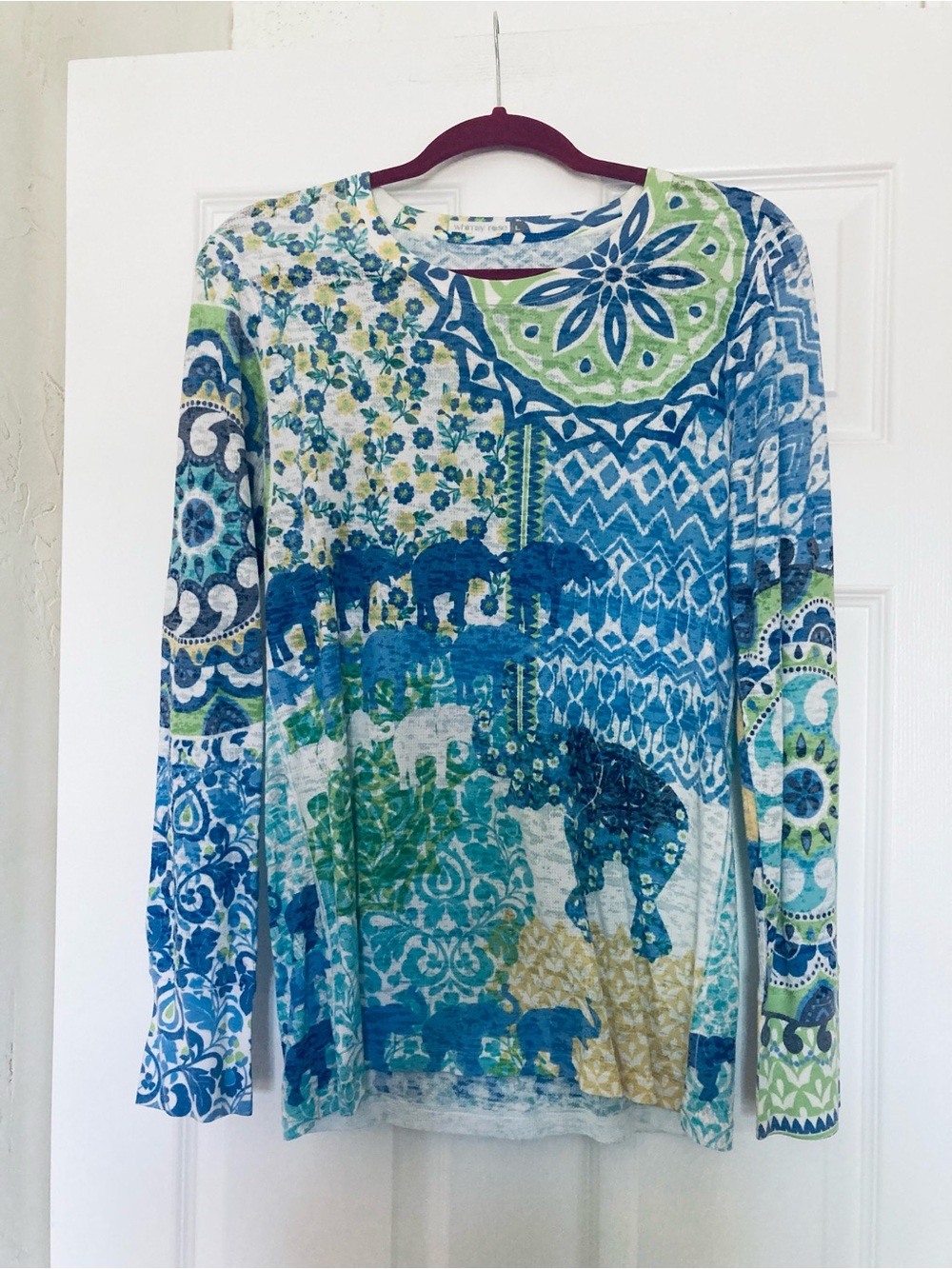 Whimsy Rose Boho Mosaic Elephant Print Long Sleeve Waffle Top, Size Large